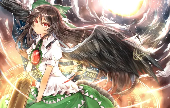 Магия, крылья, перья, Луна, блузка, красные глаза, art, Touhou