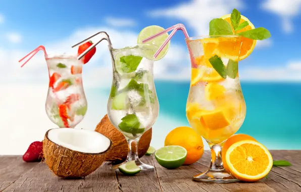 Картинка море, пляж, коктейль, summer, фрукты, beach, fresh, sea