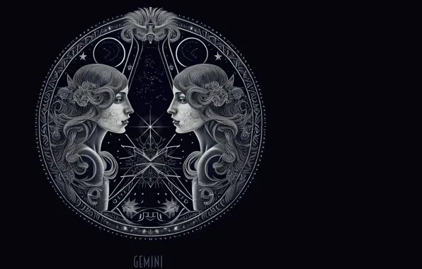 Темный фон, символ, знак зодиака, Близнецы, астрология, ИИ-арт, нейросеть
