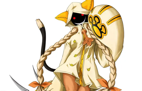 Улыбка, лапа, капюшон, хвост, белый фон, ушки, Blazblue, косы