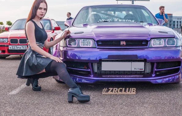 Авто, Девушки, красивая девушка, позирует, Nissan Skyline