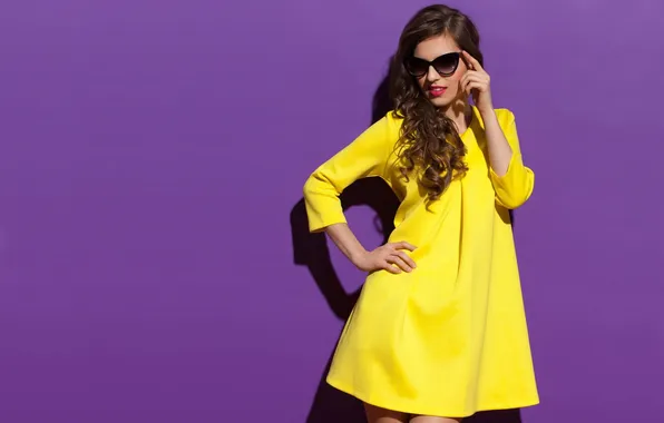 Girl, beautiful, brunette, sunglasses, mini dress