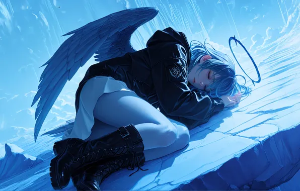 Картинка girl, blue, wings, angel, resting
