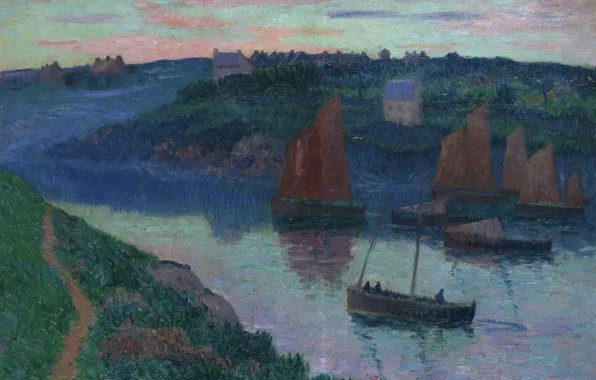 Пейзаж, дом, холмы, лодка, картина, парус, Henri Moret, Рыбацкие лодки в Бретани