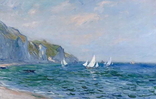 Картинка картина, морской пейзаж, Клод Моне, Скалы и Парусники в Пурвиле
