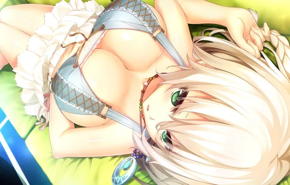 Kawaii, green eyes, boobs, big, breast, anime, tits, sofa