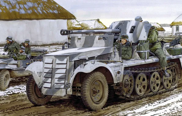 Картинка рисунок, арт, 5 cm, zugkraftwagen, PaK 38, немецкий полугусеничный бронированный тягач