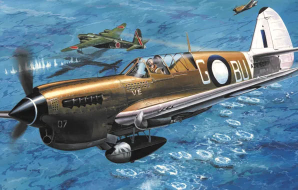 Картинка war, art, airplane, painting, aviation, ww2, Curtiss P-40