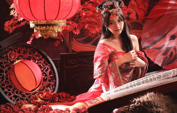 Картинка девушка, украшения, прическа, костюм, азиатка, фонарики, китайский, национальный
