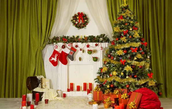 Картинка украшения, игрушки, елка, свечи, Рождество, подарки, Новый год, ёлка