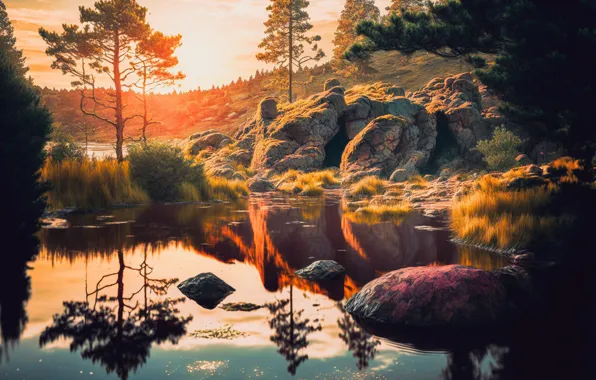 Лес, свет, деревья, пейзаж, природа, отражение, камни, скалы