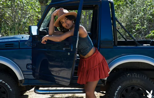 Car, playboy, hat, beautiful, model, skirt, outdoor, Angel Constance