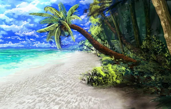 Картинка море, пляж, тропики, пальмы, океан, арт
