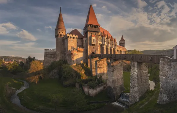 Мост, река, замок, Romania, Румыния, Трансильвания, Transylvania, Хунедоара