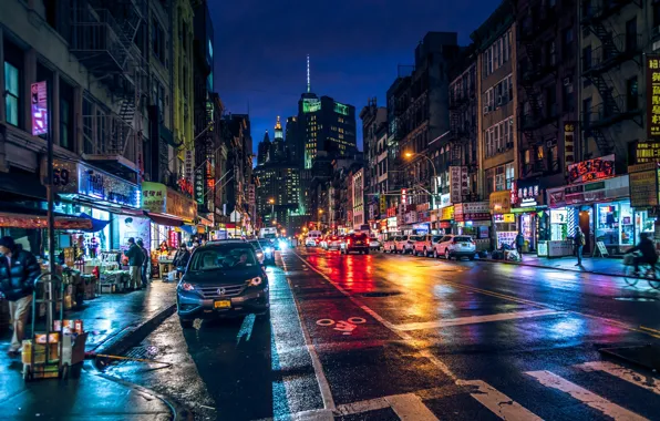 Картинка ночь, огни, движение, улица, здание, Нью-Йорк, Манхеттен, New-York
