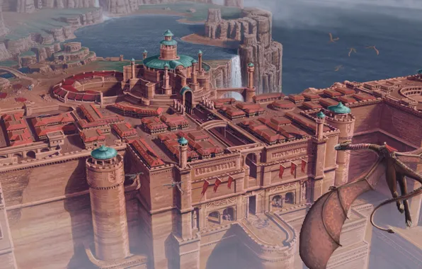 Море, берег, дракон, крепость, строения, Mountain Kingdom of Antheon
