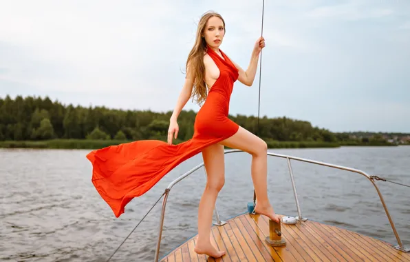 Картинка dress, trees, nature, water, clouds, model, women, brunette