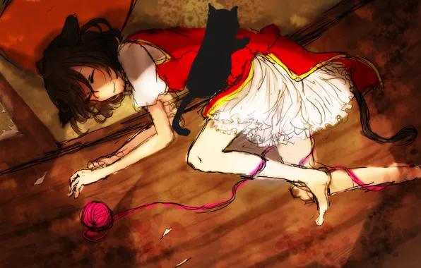 Клубок, сон, хвост, пол, ушки, touhou, chen, черный котенок