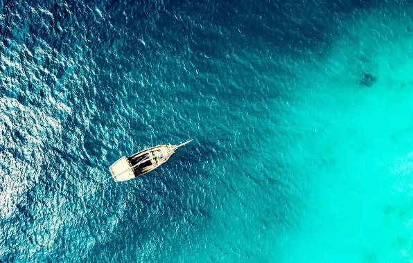 Океан, корабль, яхта, мачты, бирюзовая вода, turquoise ocean water with boat