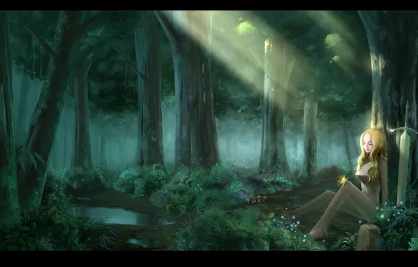 Картинка лес, вода, девушка, свет, деревья, цветы, природа, бабочка