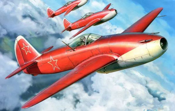 Облака, рисунок, арт, самолёты, ВВС СССР, ЯК-15, Feather