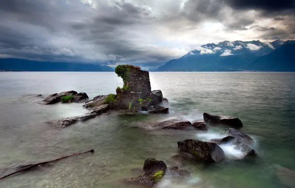 Пейзаж, ночь, озеро, камни