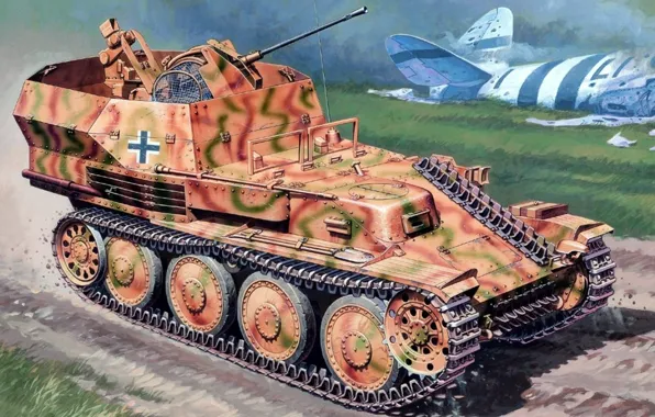 Рисунок, арт, ЗСУ, германская зенитная самоходная установка, Gepard, Sd.Kfz.140, Flakpanzer 38(t), Panzerkampfwagen 38 fuer 2 …