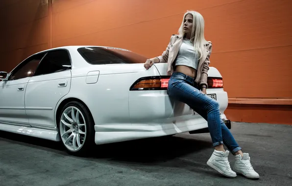 Car, girl, beautiful, model, jeans, sweet, blonde, long-haired