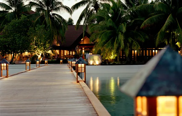 Ocean, Maldives, palms, resort, jetty at sunset