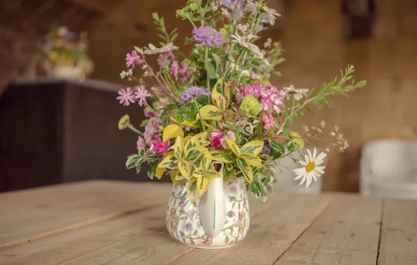 Картинка flowers, vase, bouquet, table, kettle