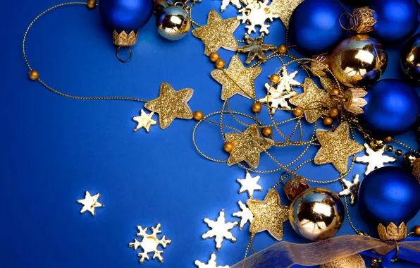 Шарики, украшения, снежинки, фон, Синий, звёздочки, новогодние