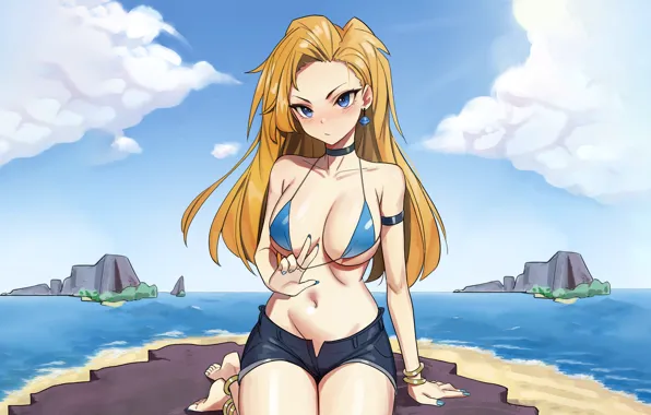 Girl, sexy, cleavage, beach, shorts, long hair, sea, boobs
