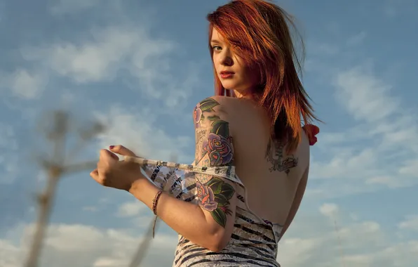 Red, girl, sexy, eyes, model, tattoo, face, body