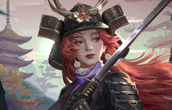 Картинка лицо, катана, доспехи, серьги, Япония, самурай, шлем, пагода