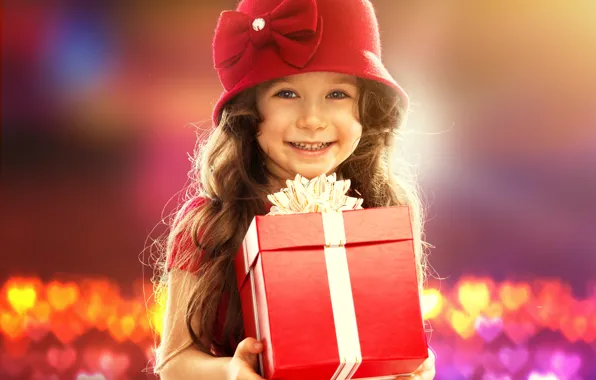 Картинка радость, улыбка, настроение, подарок, девочка, ребёнок, боке