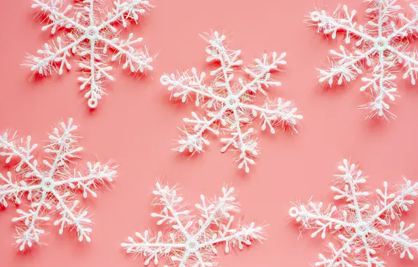 Зима, снежинки, фон, розовый, Christmas, pink, winter, background