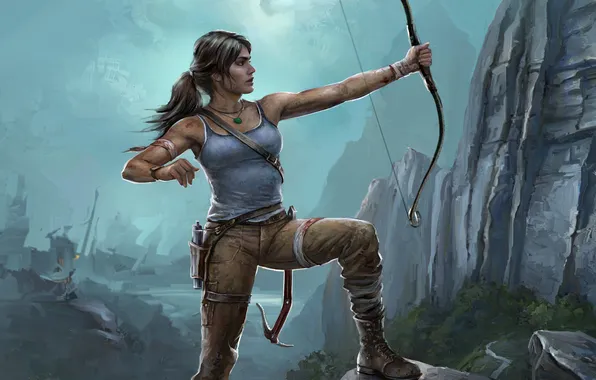 Девушка, горы, лук, Tomb Raider, лара крофт