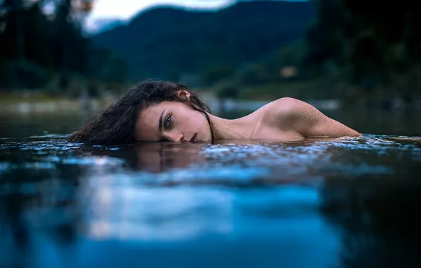 Вода, горы, природа, лицо, озеро, брюнетка, плечо