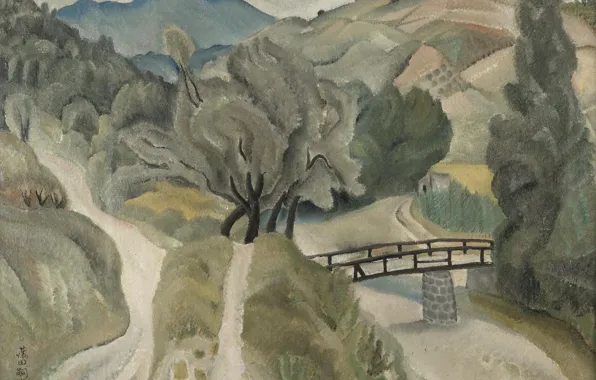 Картинка деревья, мост, река, холмы, Пейзаж, 1918, тропы, Цугухару
