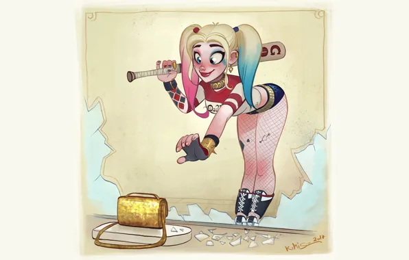 Картинка girl, tattoo, poster, bag, DC Comics, Harley Quinn, pigtails, fishnet