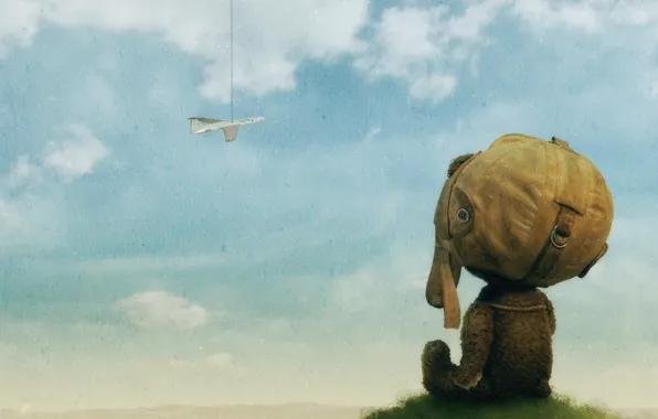 Картинка облака, самолет, рисунок, медведь
