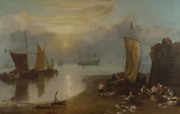 Картинка море, люди, берег, лодка, корабль, картина, парус, морской пейзаж