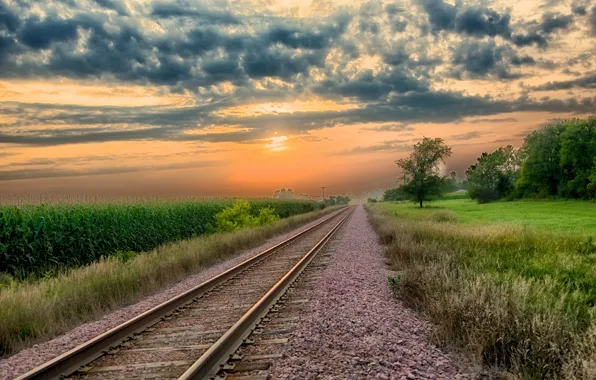 Картинка пейзаж, закат, железная дорога