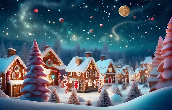 Зима, снег, ночь, lights, елки, Новый Год, деревня, Рождество