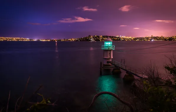 Картинка ночь, город, пролив, берег, маяк, Australia, Sydney, Bradley's Head