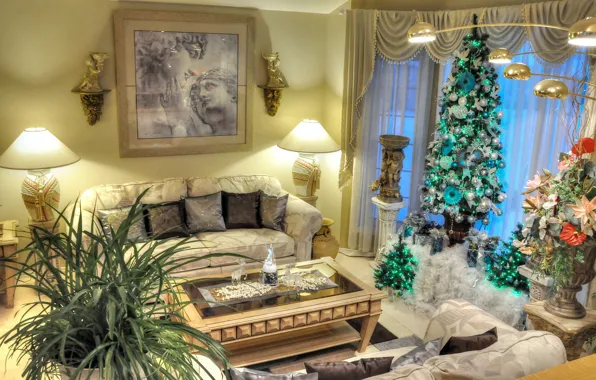 Картинка цветы, диван, праздник, лампа, растения, картина, Новый Год, Рождество