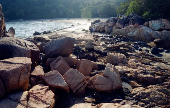 Beach, rocks, people, malaysia, kuantan, teluk, cempedak