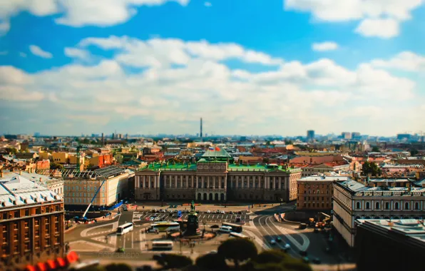 Картинка здания, Питер, Санкт-Петербург, собор, автобус, tilt-shift, миниатюра, тилт-шифт