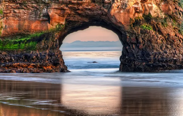 Картинка пляж, скала, океан, рассвет, USA, США, State California, Штат Калифорния