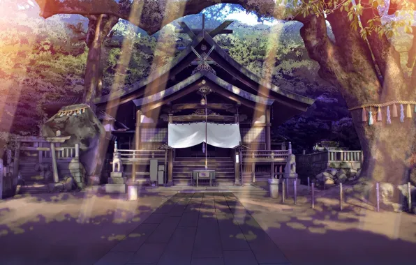 Картинка Дерево, Лес, Храм, Лучи Солнца, Японский Храм